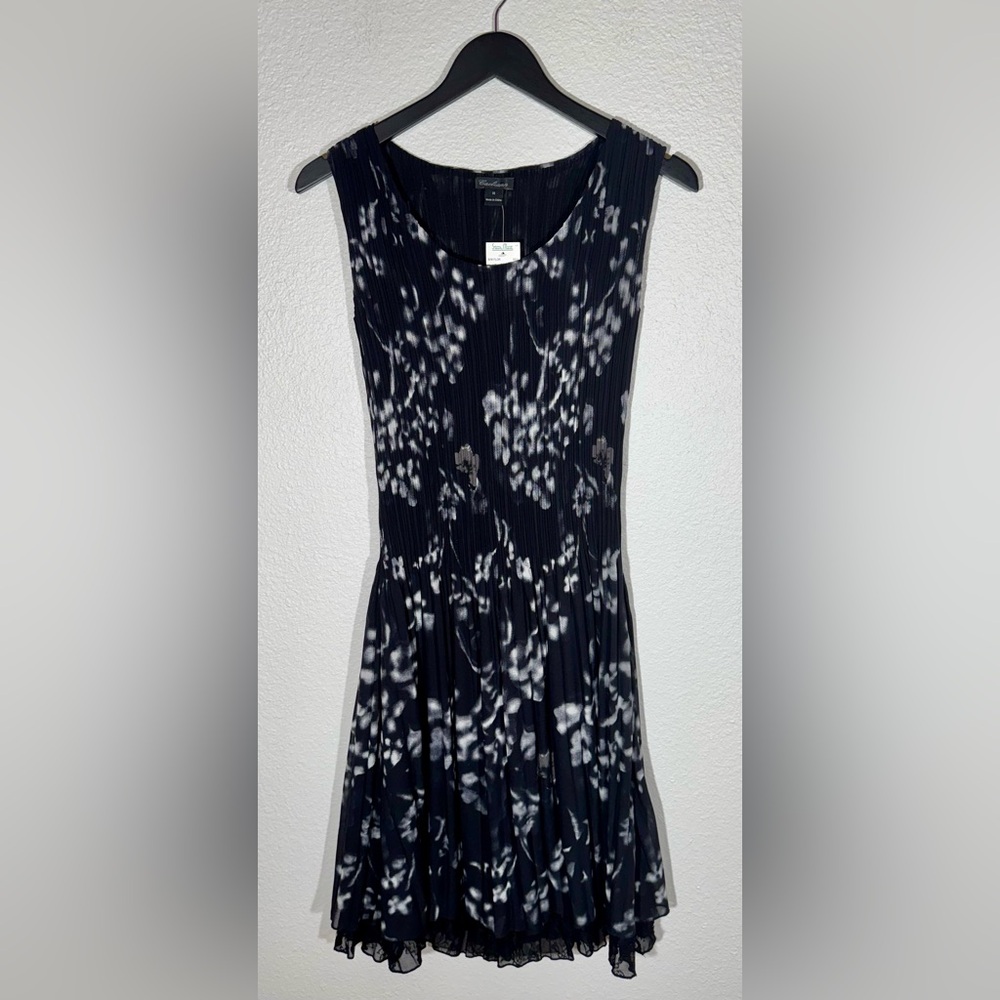 Caeliann Black & White Floral Midi Dress with Crinkle Crepe Top and Lace Hem